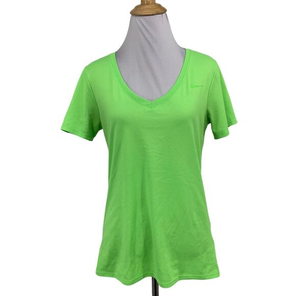 NIke T Shirt Womens M Medium Key Lime Dri Fit Athletic Cut V Neck Short Sleeve - Picture 1 of 11